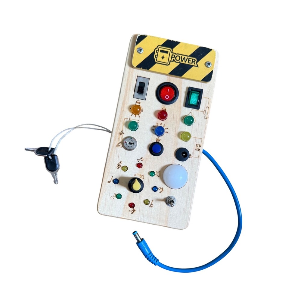Wooden Montessori Busy Board Sensory Toy with LED Lights Switches and Keys